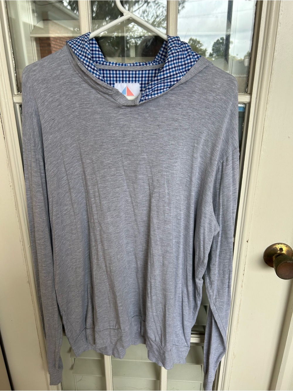 Men's Light Gray Hoodie with Blue Gingham Hood Lining